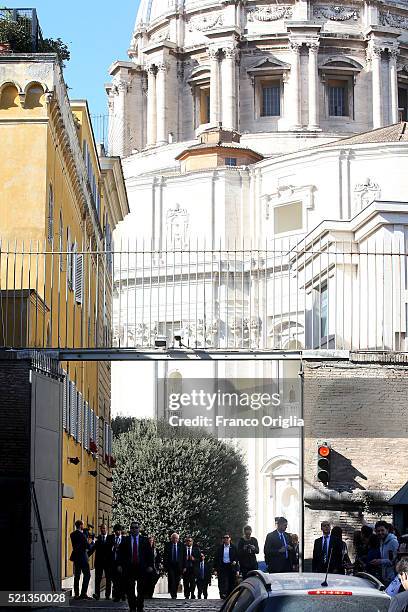 Democratic presidential candidate Bernie Sanders leaves the Vatican on April 15, 2016 in Vatican City, Vatican. Candidate Bernie Sanders came to Rome...