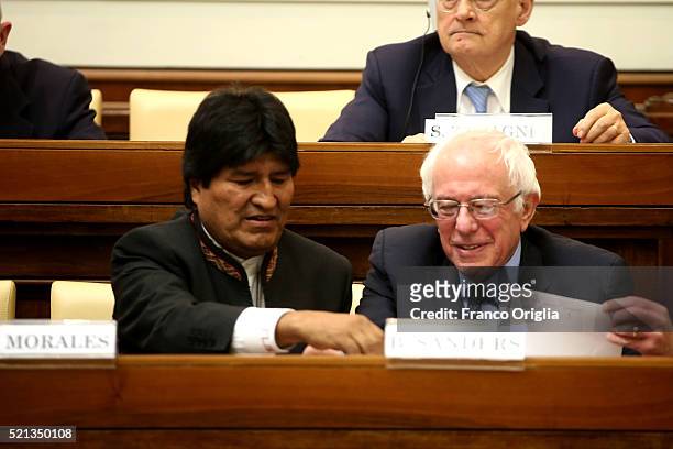 Democratic presidential canditate Bernie Sanders sits with Bolivia's President Evo Morales during 'Centesimus Annus 25 Years Later Symposiumon' at...