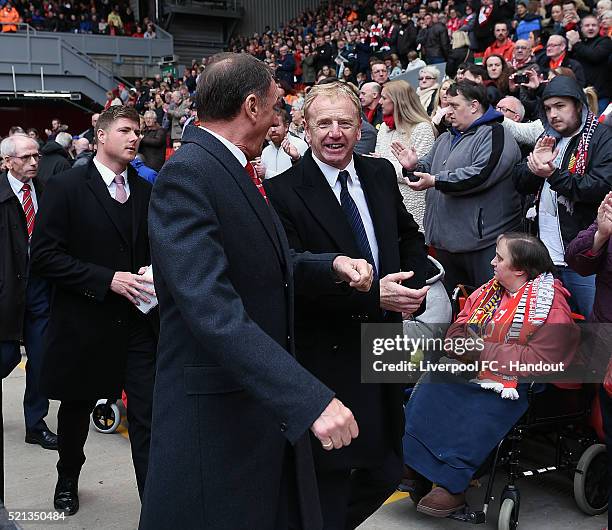 In this handout photograph provided by Liverpool FC, Phil Thompson and David Fairclough arrive during the memorial service marking the 25th...