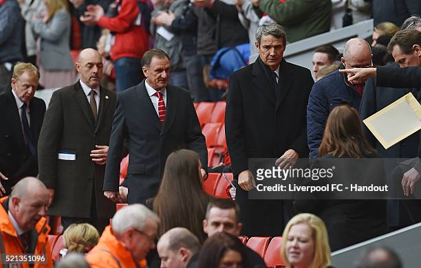 In this handout photograph provided by Liverpool FC, Phil Thompson and Alan Hansen during the memorial service marking the 25th anniversary of the...