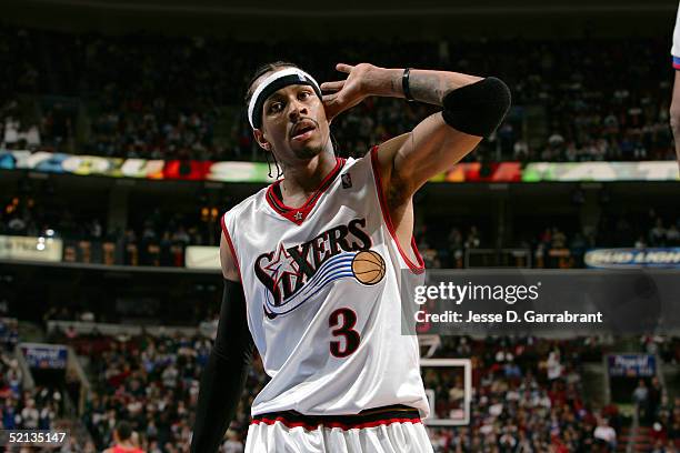 Allen Iverson of the Philadelphia 76ers signals the crowd to get loud during the game against the Atlanta Hawks on February 4, 2005 at the Wachovia...