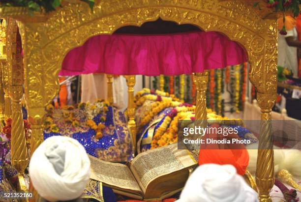 sikh cleric reading scriptures, consecration of perpetual guru granth sahib, sachkhand saheb gurudwara in nanded - sage stockfoto's en -beelden