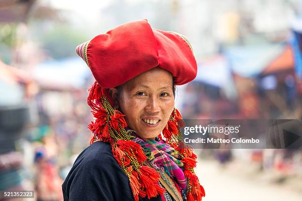 portrait of smiling woman from red dao hill tribe - traditional clothing stock pictures, royalty-free photos & images