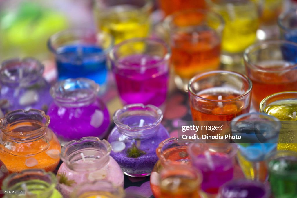 Multicoloured gel wax lamps sale for diwali christmas, dadar, Mumbai, Maharashtra, india, Asia