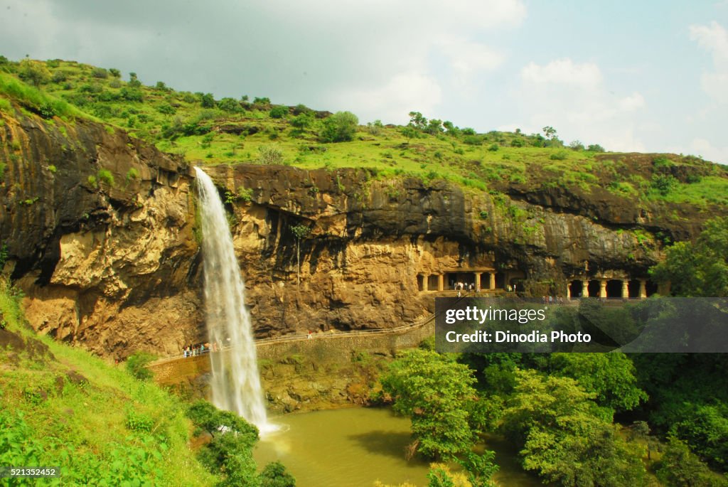 Waterfall Ellora caves, Aurangabad, Maharashtra, India, Asia