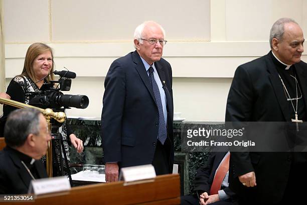 Democratic presidential canditate Bernie Sanders arrives with his wife Jane O'Meara Sanders during 'Centesimus Annus 25 Years Later Symposiumon' at...