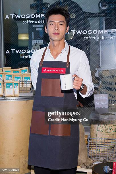 South Korean actor Hyun Bin attends promotional event for 'A Twosome Place' Coffee Class at A Twosome Place store on April 15, 2016 in Seoul, South...