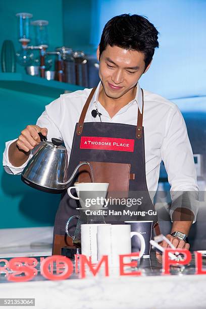 South Korean actor Hyun Bin attends promotional event for 'A Twosome Place' Coffee Class at A Twosome Place store on April 15, 2016 in Seoul, South...