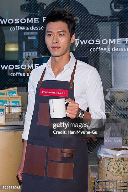 South Korean actor Hyun Bin attends promotional event for 'A Twosome Place' Coffee Class at A Twosome Place store on April 15, 2016 in Seoul, South...