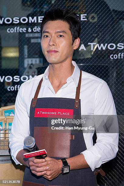 South Korean actor Hyun Bin attends promotional event for 'A Twosome Place' Coffee Class at A Twosome Place store on April 15, 2016 in Seoul, South...