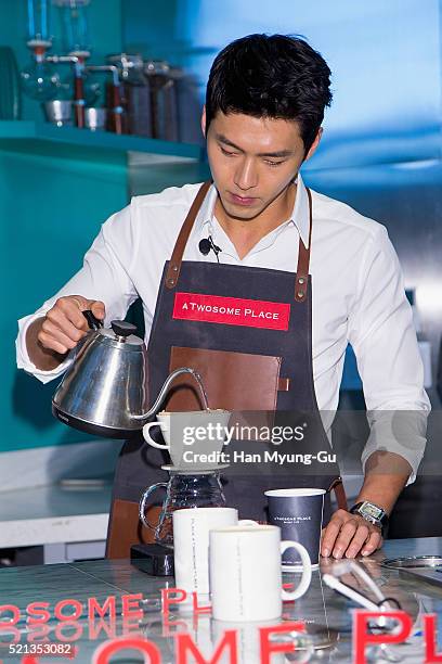 South Korean actor Hyun Bin attends promotional event for 'A Twosome Place' Coffee Class at A Twosome Place store on April 15, 2016 in Seoul, South...