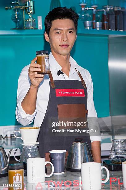 South Korean actor Hyun Bin attends promotional event for 'A Twosome Place' Coffee Class at A Twosome Place store on April 15, 2016 in Seoul, South...