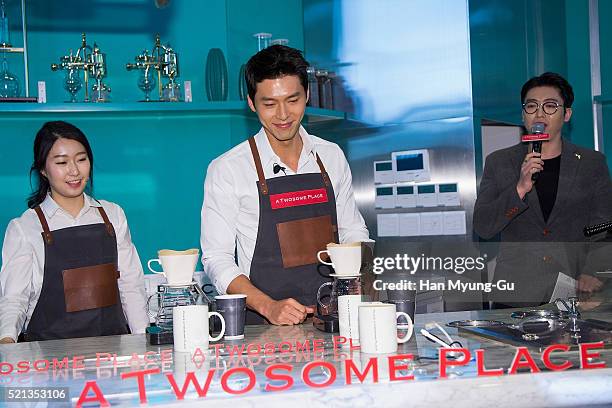 South Korean actor Hyun Bin attends promotional event for 'A Twosome Place' Coffee Class at A Twosome Place store on April 15, 2016 in Seoul, South...