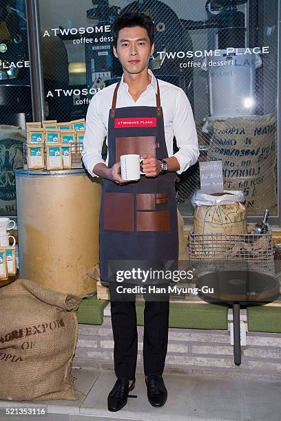 South Korean actor Hyun Bin attends promotional event for 'A Twosome Place' Coffee Class at A Twosome Place store on April 15, 2016 in Seoul, South...