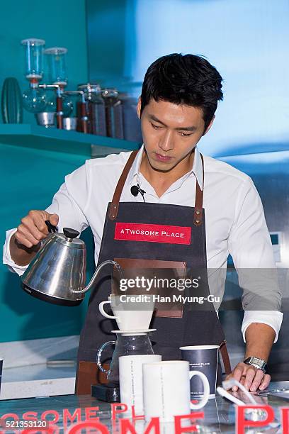 South Korean actor Hyun Bin attends promotional event for 'A Twosome Place' Coffee Class at A Twosome Place store on April 15, 2016 in Seoul, South...