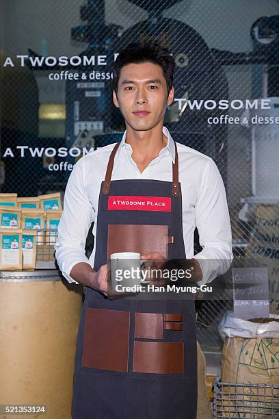 South Korean actor Hyun Bin attends promotional event for 'A Twosome Place' Coffee Class at A Twosome Place store on April 15, 2016 in Seoul, South...