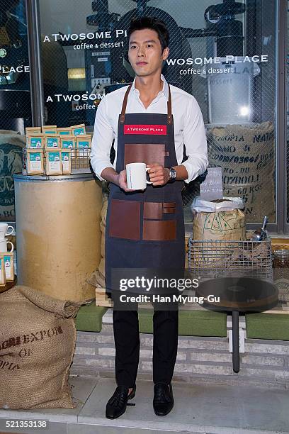 South Korean actor Hyun Bin attends promotional event for 'A Twosome Place' Coffee Class at A Twosome Place store on April 15, 2016 in Seoul, South...