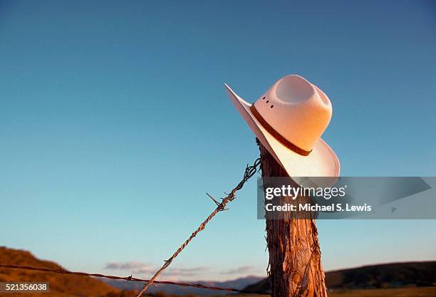 cowboy hat on fence post - cowboy hat post stock pictures, royalty-free photos & images
