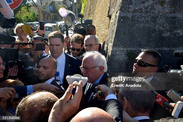 Senator of Democrats Bernie Sanders speaks to press at the end of the 'Centesimus Annus 25 Years Later Symposium' at the Casina Pio IV in Vatican...