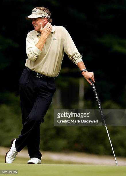 Colin Montgomerie of Scotland awaits his putt on the eighth hole during day three of the 2005 Heineken Classic at the Royal Melbourne Golf Club on...