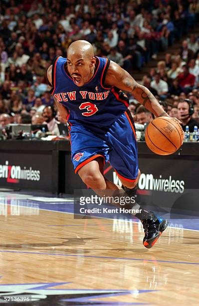 Stephon Marbury of the New York Knicks drives to the basket against the Sacramento Kings February 04, 2005 at the Arco Arena in Sacramento,...