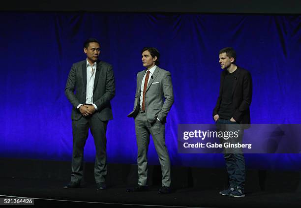 Director Jon M. Chu, actors Dave Franco and Jesse Eisenberg speak during Lionsgate's presentation at The Colosseum at Caesars Palace during...