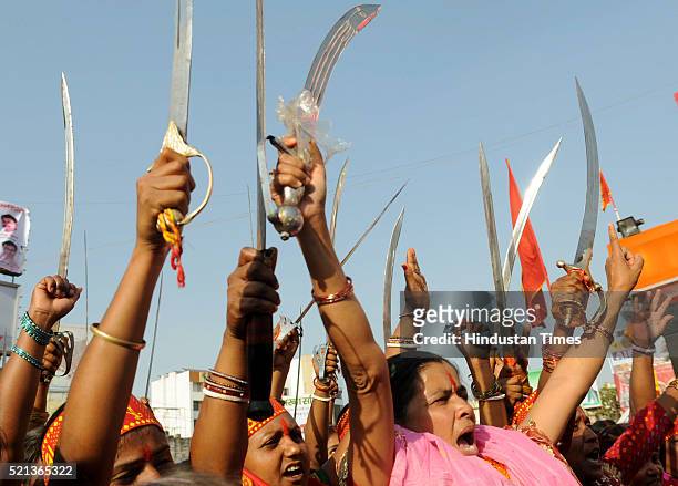Women showing their skill during the Ram Navmi procession, on April 15, 2016 in Ranchi, India. The festival of Ram Navmi marks the birth of Lord...