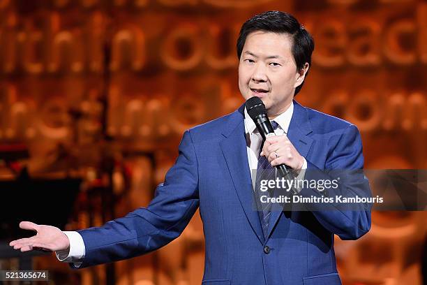 Actor Ken Jeong speaks onstage during Stand Up To Cancer's New York Standing Room Only, presented by Entertainment Industry Foundation, with donors...