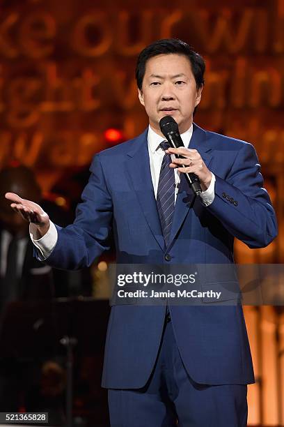 Actor Ken Jeong speaks onstage during Stand Up To Cancer's New York Standing Room Only, presented by Entertainment Industry Foundation, with donors...