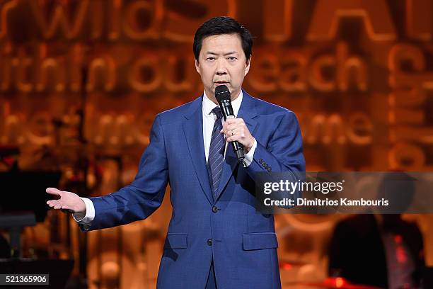 Actor Ken Jeong speaks onstage during Stand Up To Cancer's New York Standing Room Only, presented by Entertainment Industry Foundation, with donors...