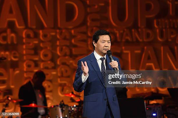 Actor Ken Jeong speaks onstage during Stand Up To Cancer's New York Standing Room Only, presented by Entertainment Industry Foundation, with donors...