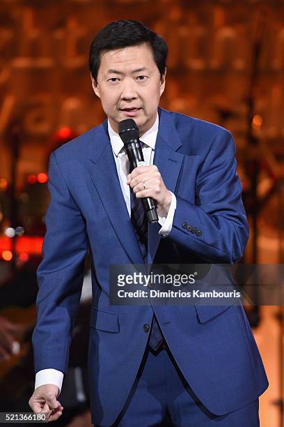 Actor Ken Jeong speaks onstage during Stand Up To Cancer's New York Standing Room Only, presented by Entertainment Industry Foundation, with donors...