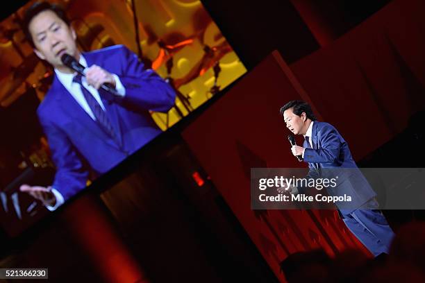 Actor Ken Jeong speaks onstage during Stand Up To Cancer's New York Standing Room Only, presented by Entertainment Industry Foundation, with donors...