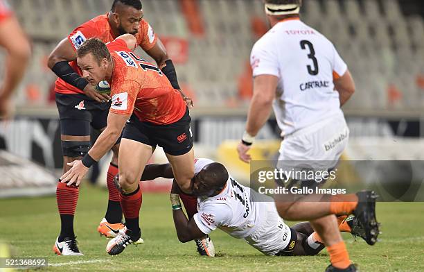 Riaan Viljoen of the Sunwolves and Raymond Rhule of the Cheetahs during the Super Rugby match between Toyota Cheetahs and Sunwolves at Toyota Stadium...