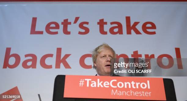 London Mayor and Conservative MP for Uxbridge and South Ruislip, Boris Johnson addresses campaigners during a rally for the "Vote Leave" campaign,...