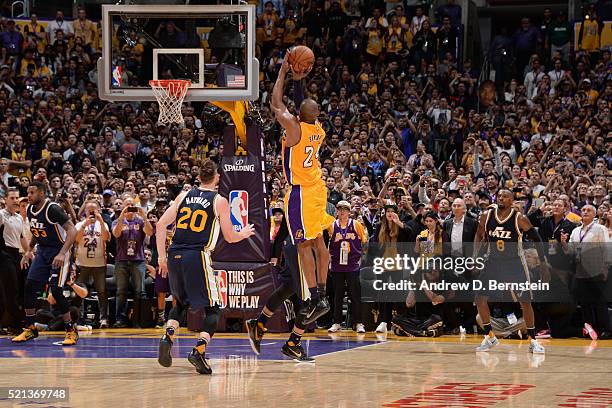 Kobe Bryant of the Los Angeles Lakers scores the final field goal of his career during the game against the Utah Jazz at STAPLES Center on April 13,...