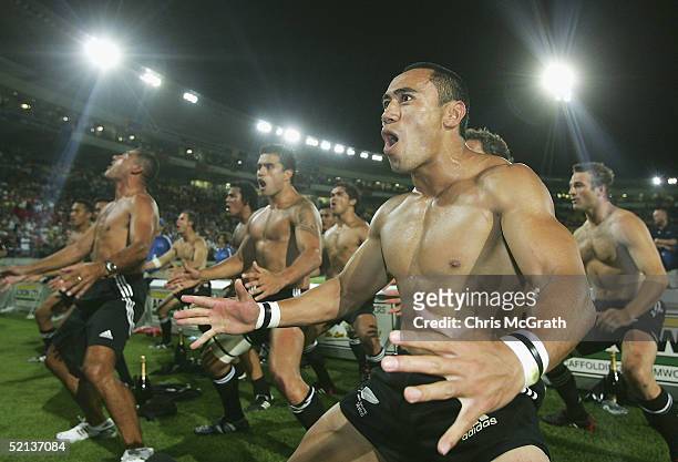Orene Aii of New Zealand joins team mates as they perform the Haka after defeating Argentina in the Cup Final on day two of the New Zealand...
