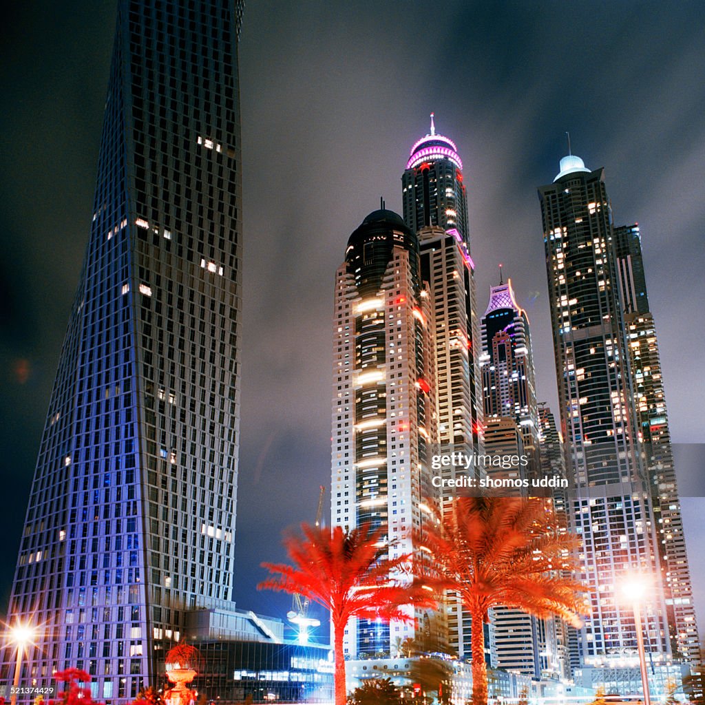 Skyscrapers and palm trees in Dubai Marina