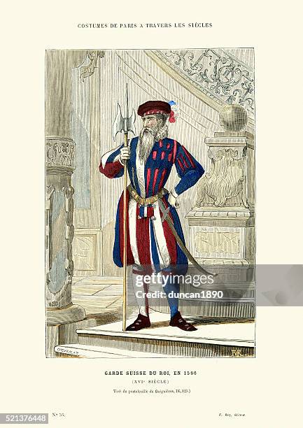 illustrations, cliparts, dessins animés et icônes de garde suisse du roi, france du xvie siècle - uniforme militaire