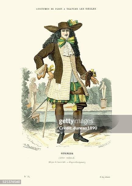 history of fashion - french lord of the 17th century - 17th century stock illustrations