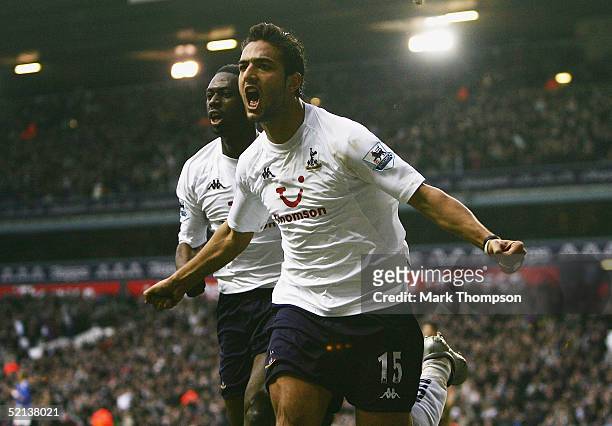 Mido of Tottenham celebrates his debut goal, during the FA Barclays Premiership match between Tottenham Hotspur and Portsmouth at White Hart Lane on...