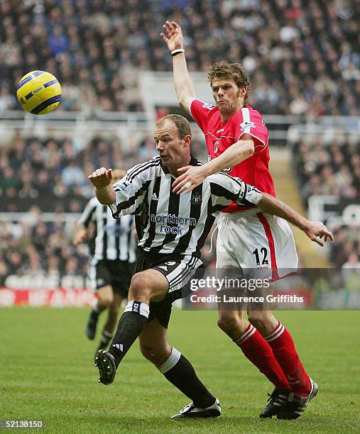 Alan Shearer of Newcastle battles for the ball with Hermann Hreidarsson of Charlton during the FA Barclays Premiership match between Newcastle United...