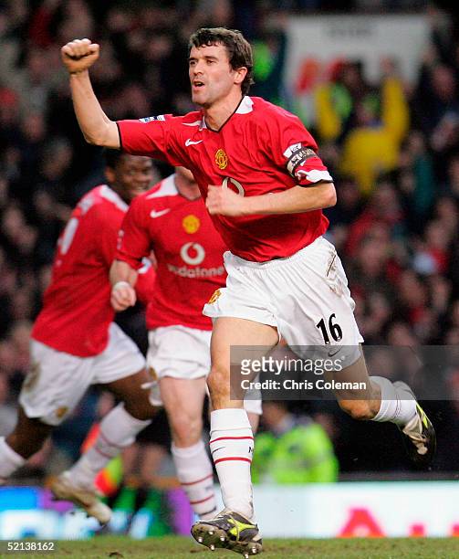 Roy Keane of Manchester United celebrates scoring the first goal - his fiftieth for United - during the Barclays Premiership match between Manchester...