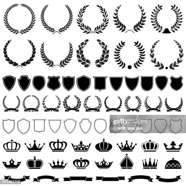 ilustraciones, imágenes clip art, dibujos animados e iconos de stock de heráldico conjunto de elementos-ilustración - corona de laurel