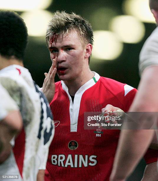 Bloodied Dwayne Peel of Wales in action during the RBS Six Nations game between Wales and England on February 5, 2005 in Cardiff, Wales.