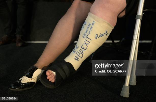 The word 'BREXIT' is seen written on a campaigner's plaster cast as London Mayor and Conservative MP for Uxbridge and South Ruislip, Boris Johnson...