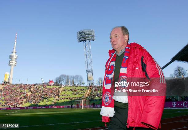 Uli Hoeness, Manager of Bayern walks of the pitch before The Bundesliga match between FC Bayern Munich and 04 Bayer Leverkusen at The Olympic Stadium...