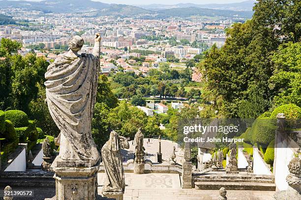 statues on staircase at bom jesus do monte sanctuary - braga city stockfoto's en -beelden