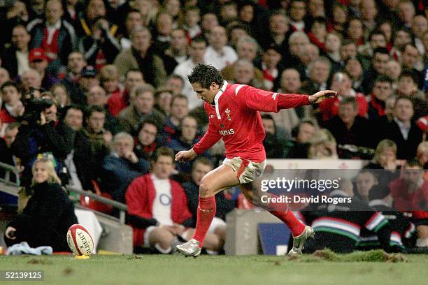 Gavin Henson of Wales takes his penalty kick which won the the RBS Six Nations match between Wales and England at The Millennium Stadium on February...