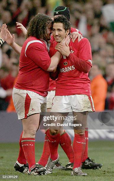 Gavin Henson and Adam Jones of Wales celebrate after the RBS Six Nations International between Wales and England at the Millennium Stadium on...